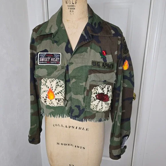 Upcycled sweet heat vintage army jacket lace patches womens OS - Picture 1 of 7